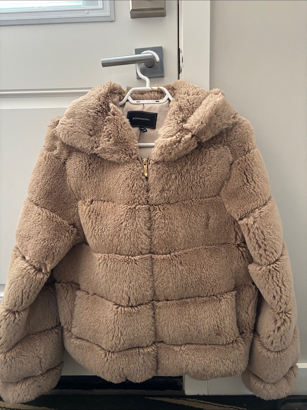 BCBGMAXAZRIA Tan Faux-Fur Hooded Puffer Jacket
